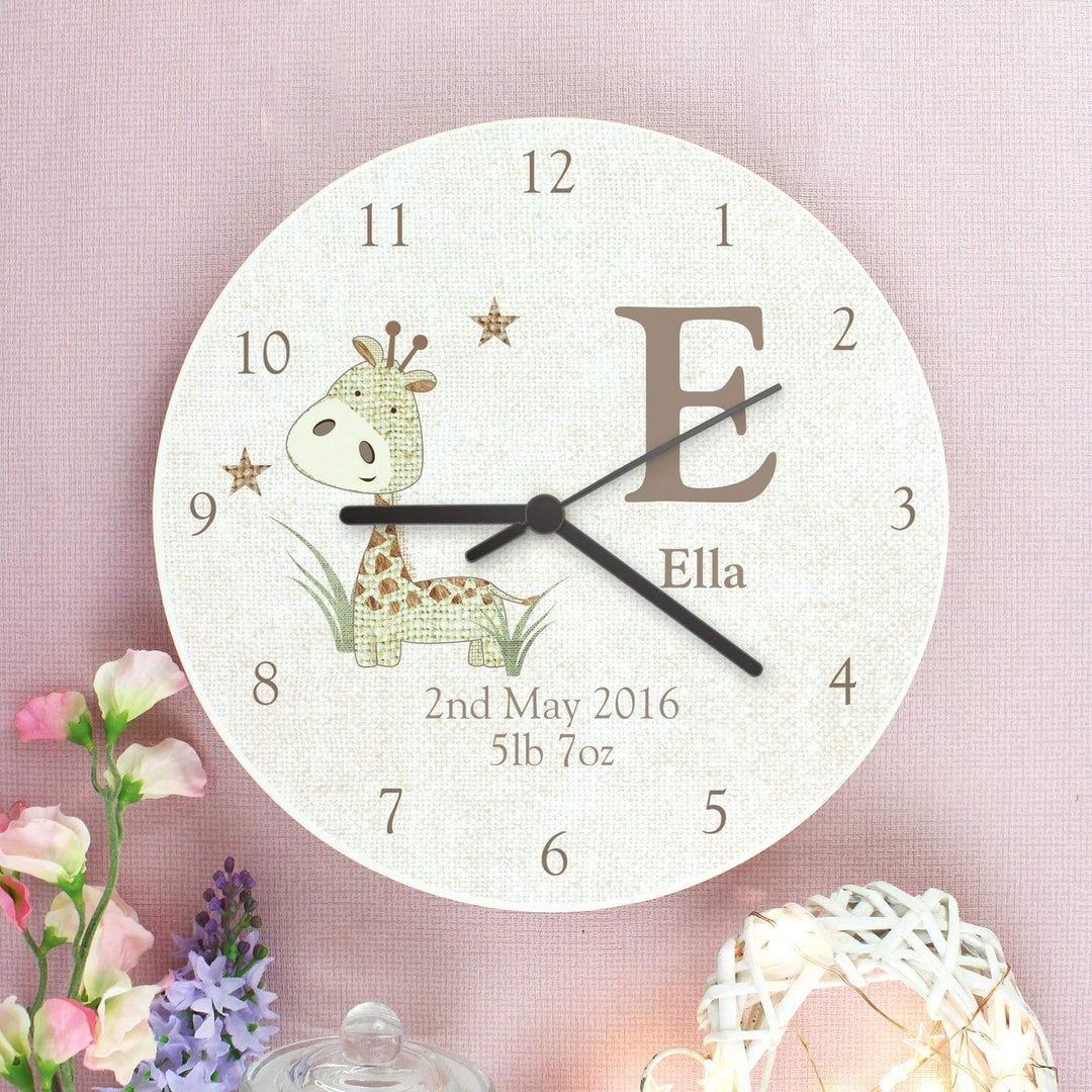 Personalised Memento Clocks &amp; Watches Personalised Hessian Giraffe Shabby Chic Large Wooden Clock