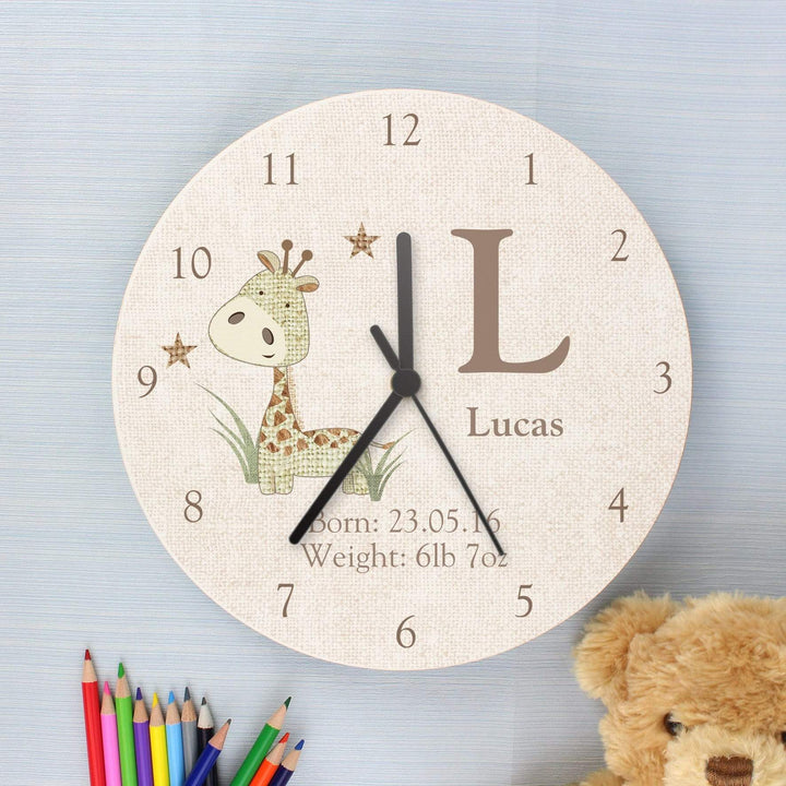 Personalised Memento Clocks &amp; Watches Personalised Hessian Giraffe Shabby Chic Large Wooden Clock
