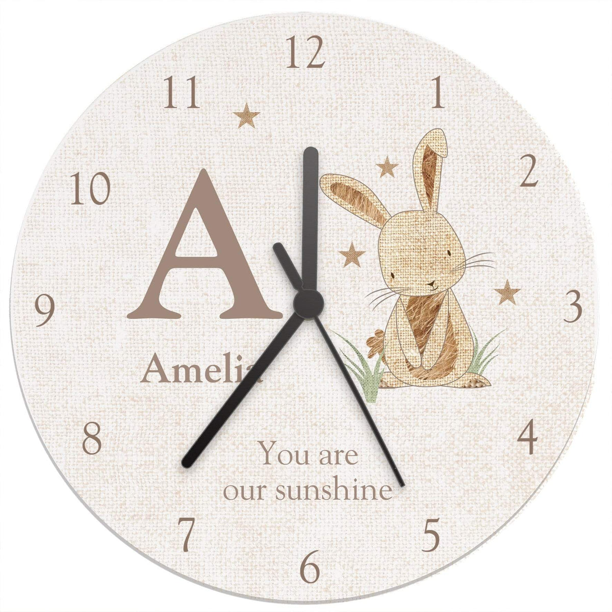 Personalised Memento Wooden Personalised Hessian Rabbit Shabby Chic Large Wooden Clock