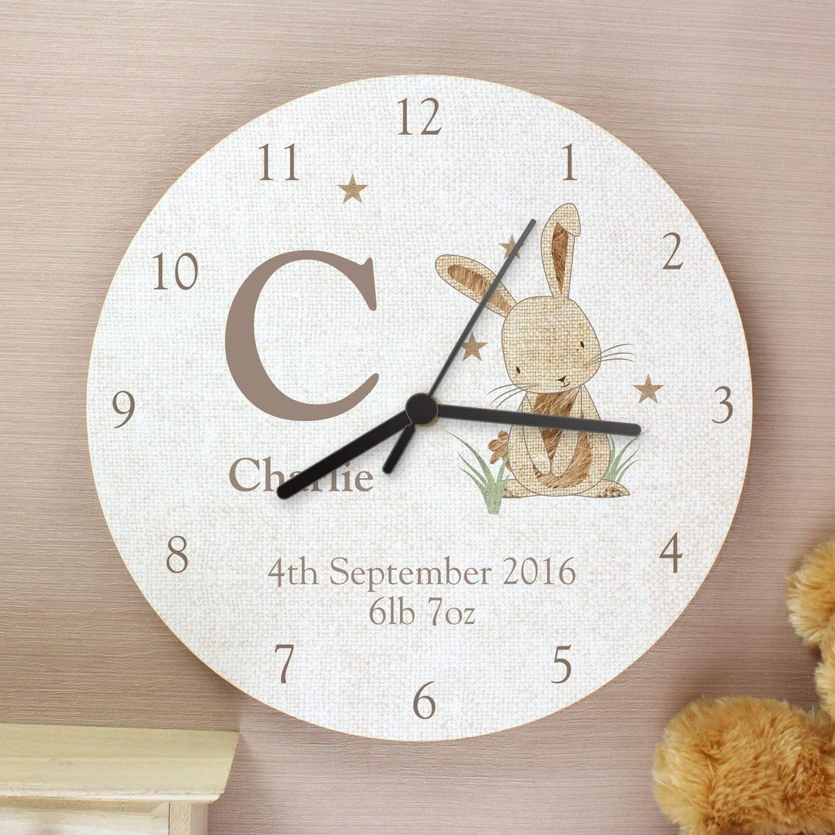Personalised Memento Wooden Personalised Hessian Rabbit Shabby Chic Large Wooden Clock