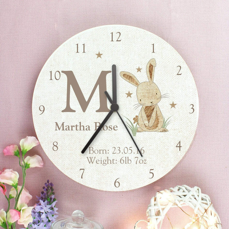 Personalised Memento Wooden Personalised Hessian Rabbit Shabby Chic Large Wooden Clock