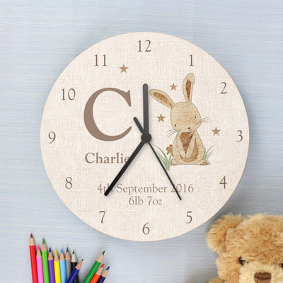 Personalised Memento Wooden Personalised Hessian Rabbit Shabby Chic Large Wooden Clock