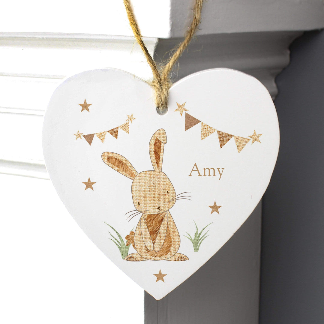Personalised Memento Hanging Decorations &amp; Signs Personalised Hessian Rabbit Wooden Heart Decoration