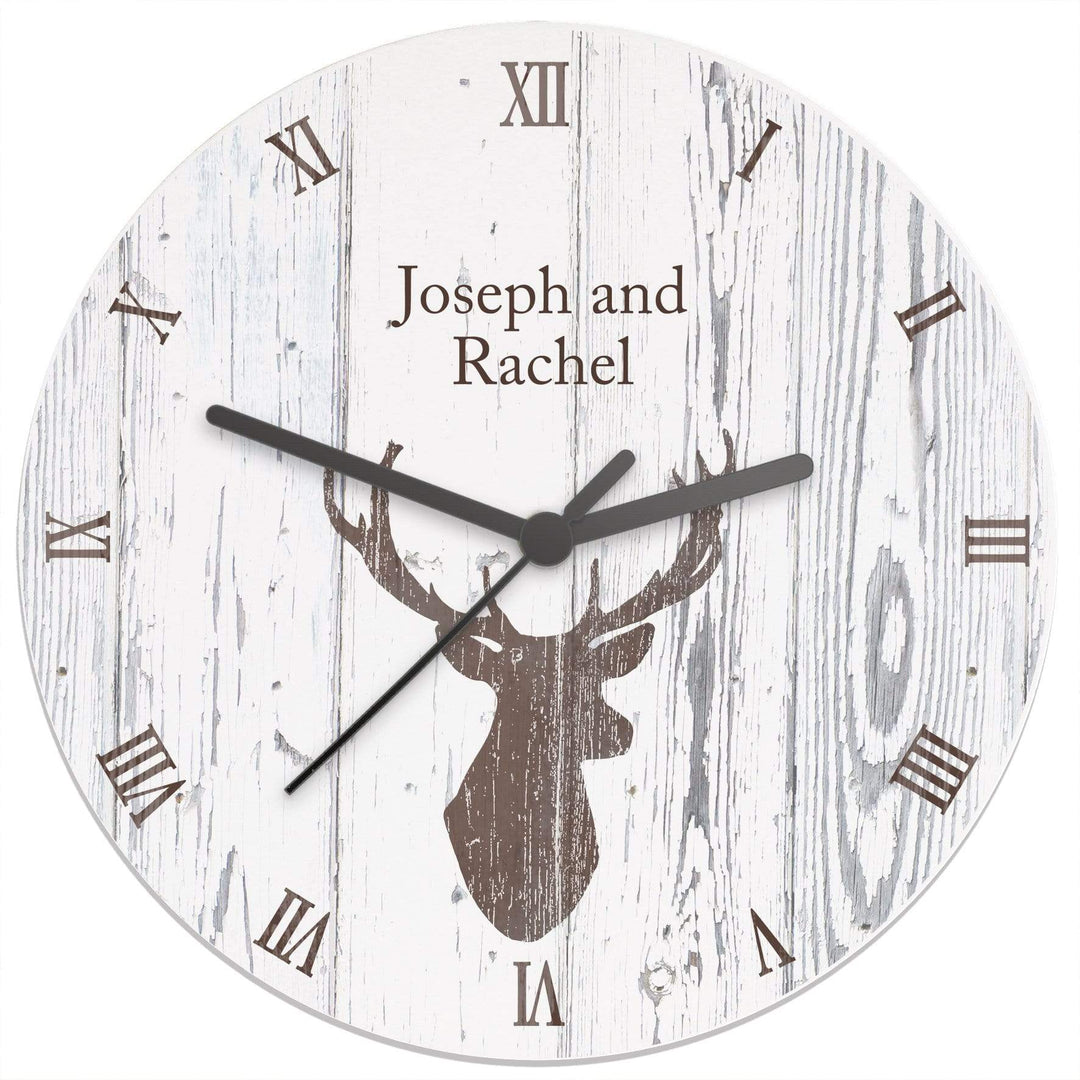 Personalised Memento Clocks &amp; Watches Personalised Highland Stag Shabby Chic Wooden Clock