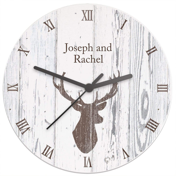 Personalised Memento Clocks &amp; Watches Personalised Highland Stag Shabby Chic Wooden Clock