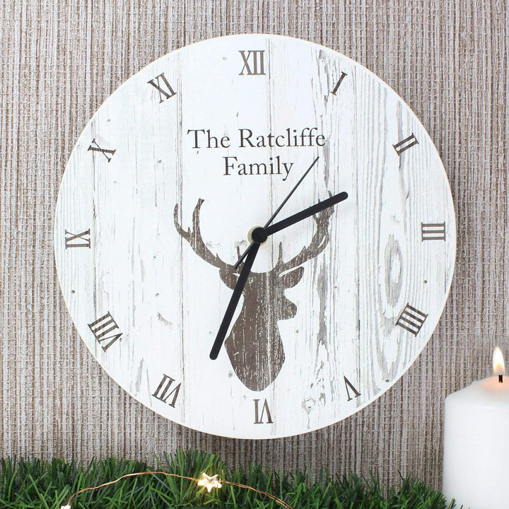 Personalised Memento Clocks &amp; Watches Personalised Highland Stag Shabby Chic Wooden Clock