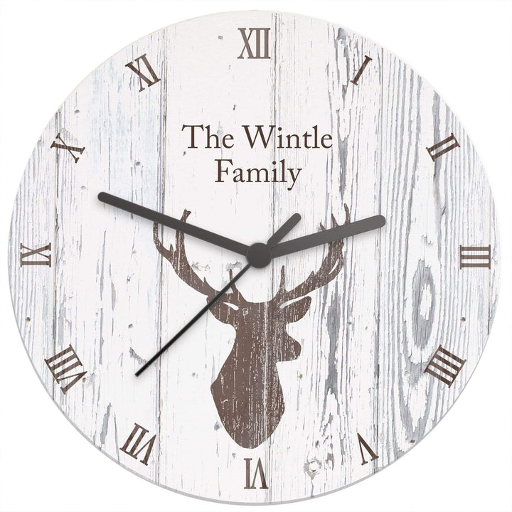 Personalised Memento Clocks &amp; Watches Personalised Highland Stag Shabby Chic Wooden Clock
