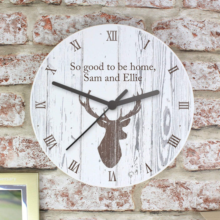 Personalised Memento Clocks &amp; Watches Personalised Highland Stag Shabby Chic Wooden Clock