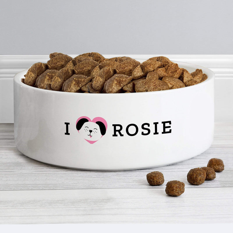 Personalised Memento Pet Gifts Personalised I Love my Dog - Cute Design 14cm Medium Ceramic White Pet Bowl