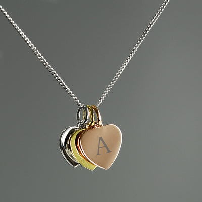 Personalised Memento Personalised Initials Gold Rose Gold and Silver 3 Hearts Necklace