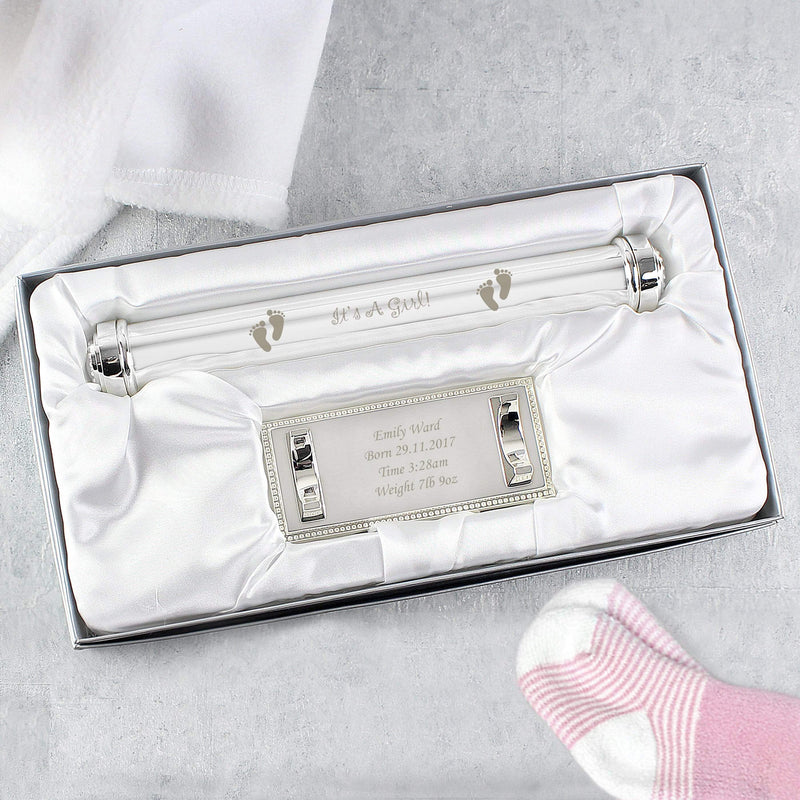 Personalised Memento Keepsakes Personalised Its A Girl Silver Plated Certificate Holder