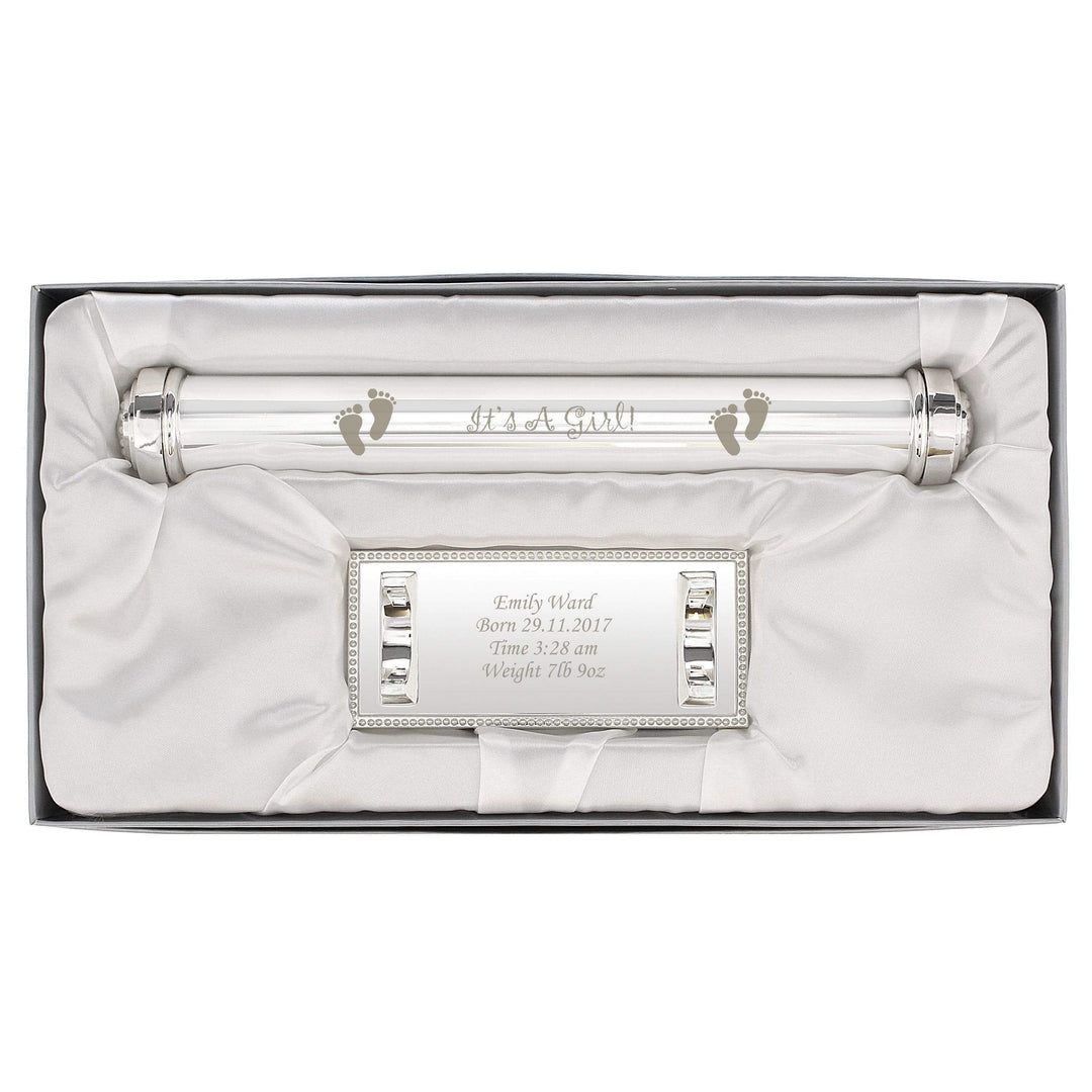 Personalised Memento Keepsakes Personalised Its A Girl Silver Plated Certificate Holder
