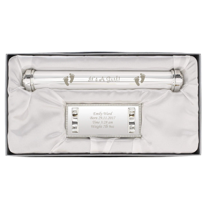 Personalised Memento Keepsakes Personalised Its A Girl Silver Plated Certificate Holder
