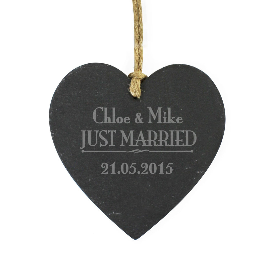 Personalised Memento Slate Personalised Just Married... Slate Heart Decoration