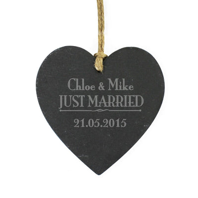 Personalised Memento Slate Personalised Just Married... Slate Heart Decoration