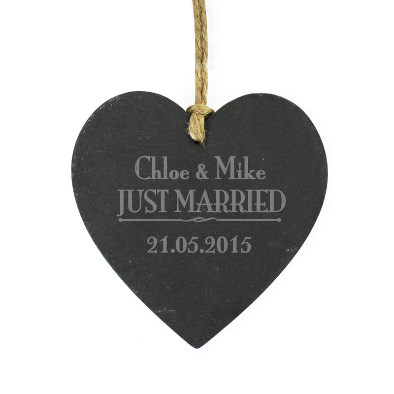 Personalised Memento Slate Personalised Just Married... Slate Heart Decoration