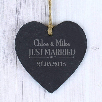 Personalised Memento Slate Personalised Just Married... Slate Heart Decoration