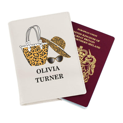 Personalised Memento Leather Personalised Leopard Print Cream Passport Holder