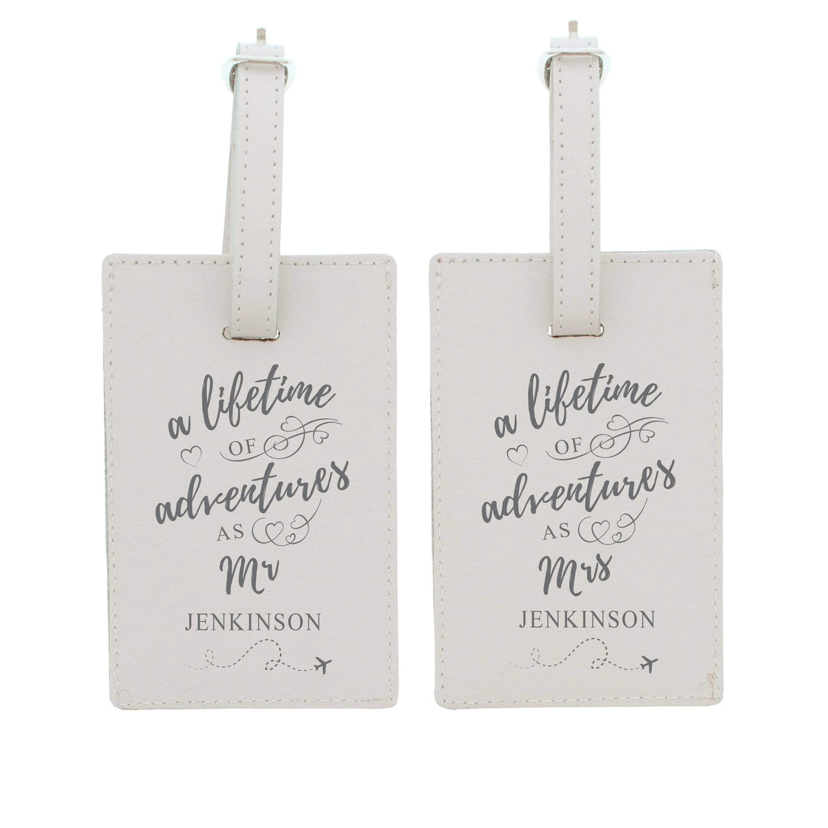 Personalised Memento Leather Personalised 'Lifetime of Adventures' Couples Luggage Tags