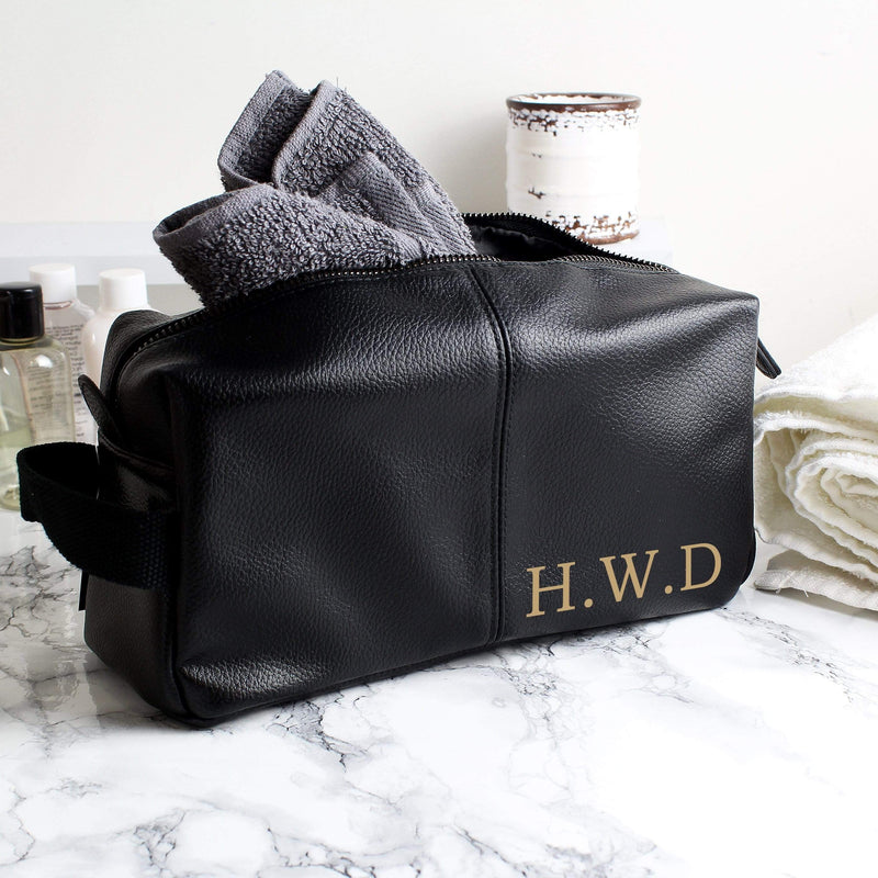 Personalised Memento Leather Personalised Luxury Initials Black leatherette Wash Bag