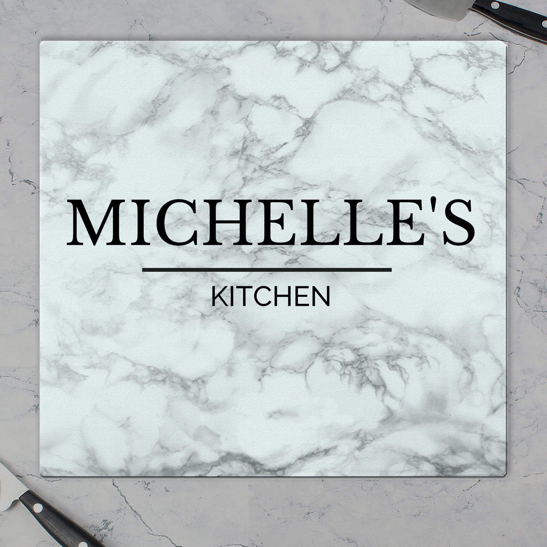 Personalised Memento Kitchen, Baking &amp; Dining Gifts Personalised Marble Effect Glass Chopping Board/Worktop Saver
