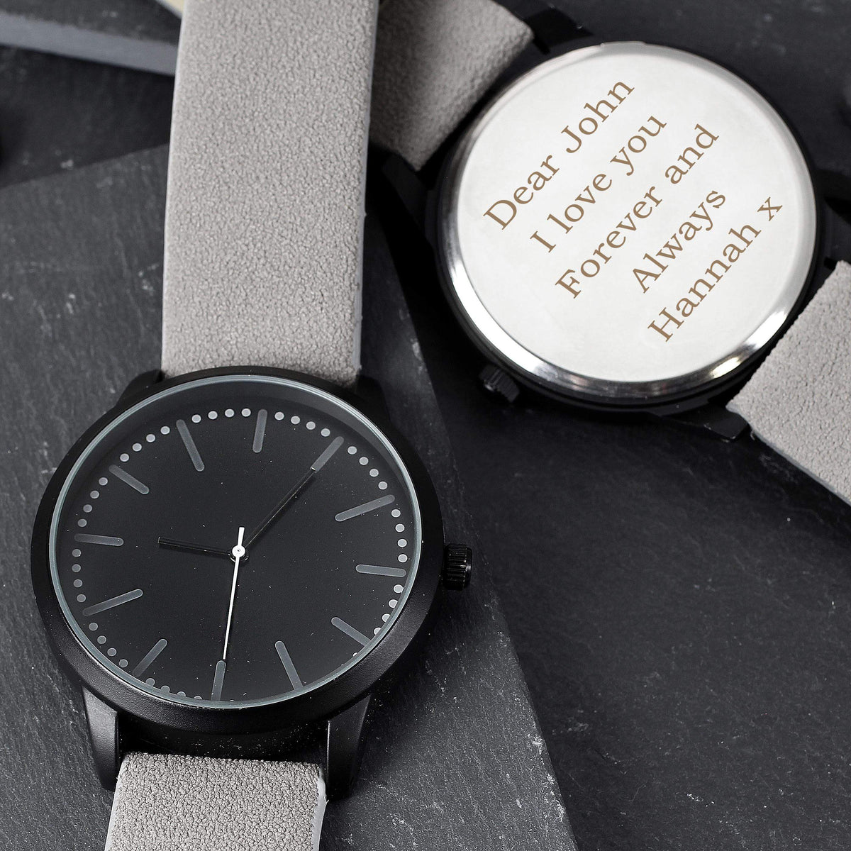 Personalised Memento Personalised Mens Matte Black Watch with Grey Strap and Presentation Box