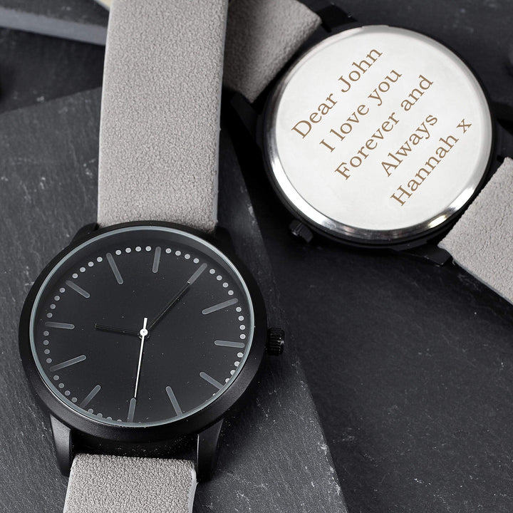 Personalised Memento Personalised Mens Matte Black Watch with Grey Strap and Presentation Box