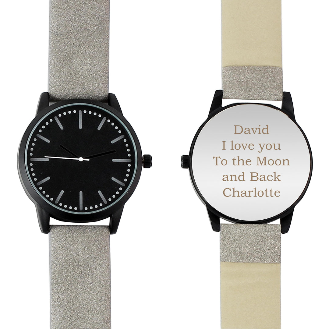 Personalised Memento Personalised Mens Matte Black Watch with Grey Strap and Presentation Box