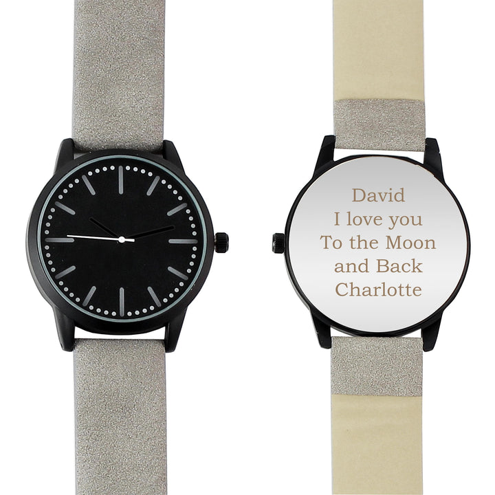 Personalised Memento Personalised Mens Matte Black Watch with Grey Strap and Presentation Box