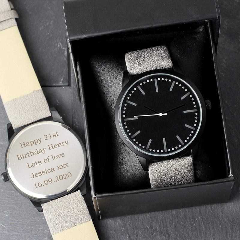 Personalised Memento Personalised Mens Matte Black Watch with Grey Strap and Presentation Box