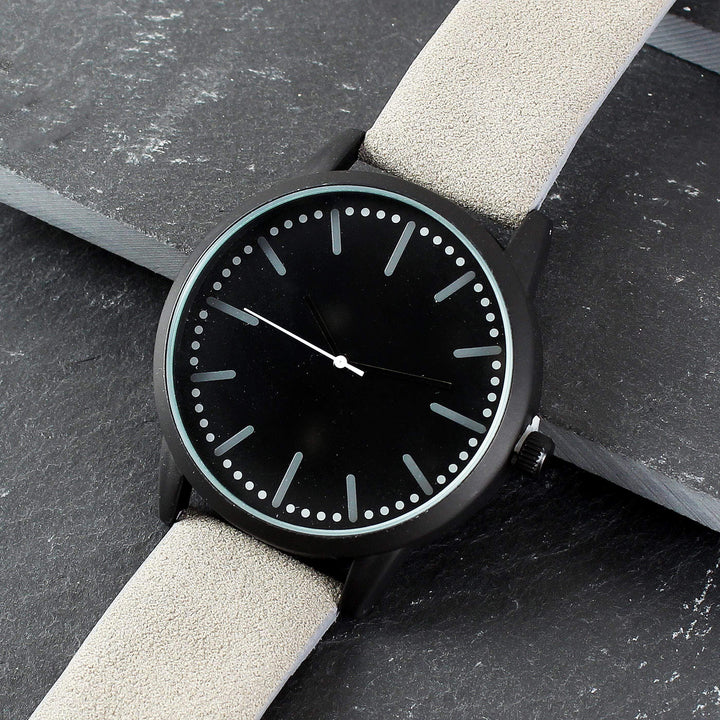 Personalised Memento Personalised Mens Matte Black Watch with Grey Strap and Presentation Box
