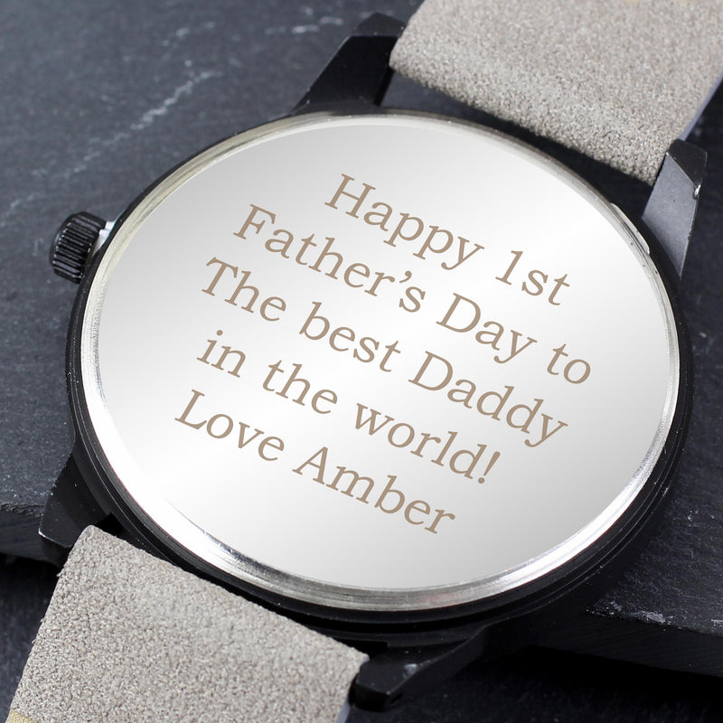 Personalised Memento Personalised Mens Matte Black Watch with Grey Strap and Presentation Box