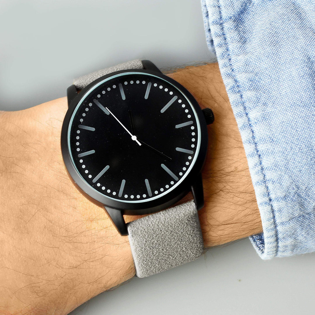Personalised Memento Personalised Mens Matte Black Watch with Grey Strap and Presentation Box