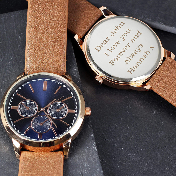 Personalised Memento Personalised Mens Rose Gold Tone Watch with Brown Strap and Presentation Box