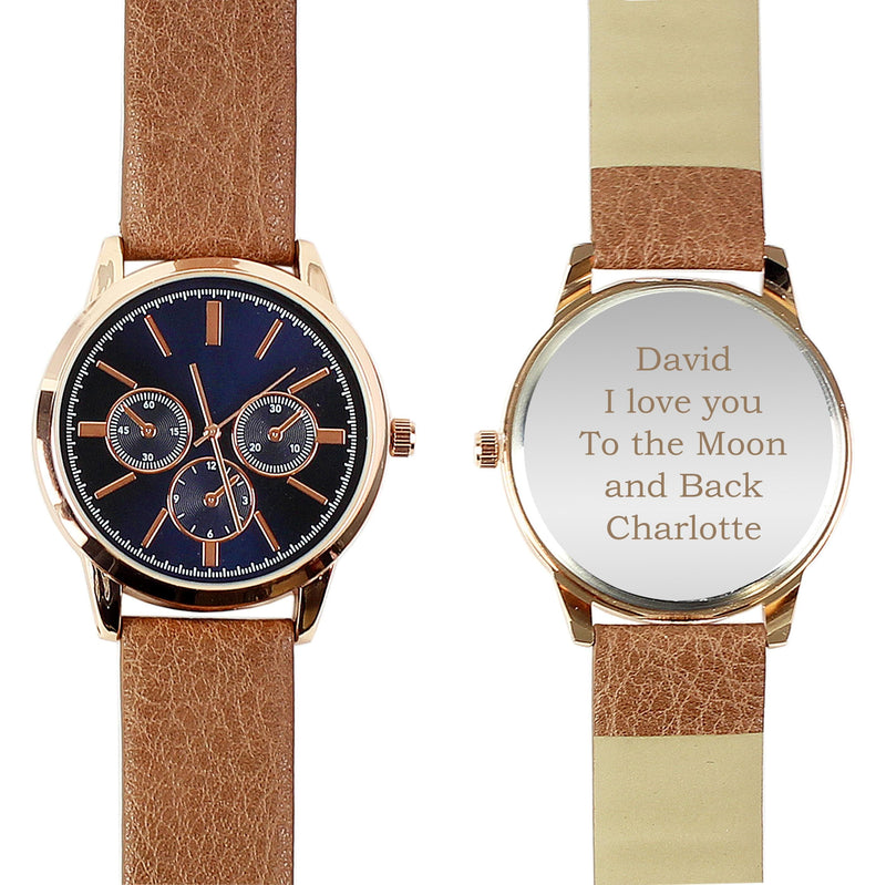 Personalised Memento Personalised Mens Rose Gold Tone Watch with Brown Strap and Presentation Box