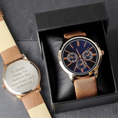 Personalised Memento Personalised Mens Rose Gold Tone Watch with Brown Strap and Presentation Box
