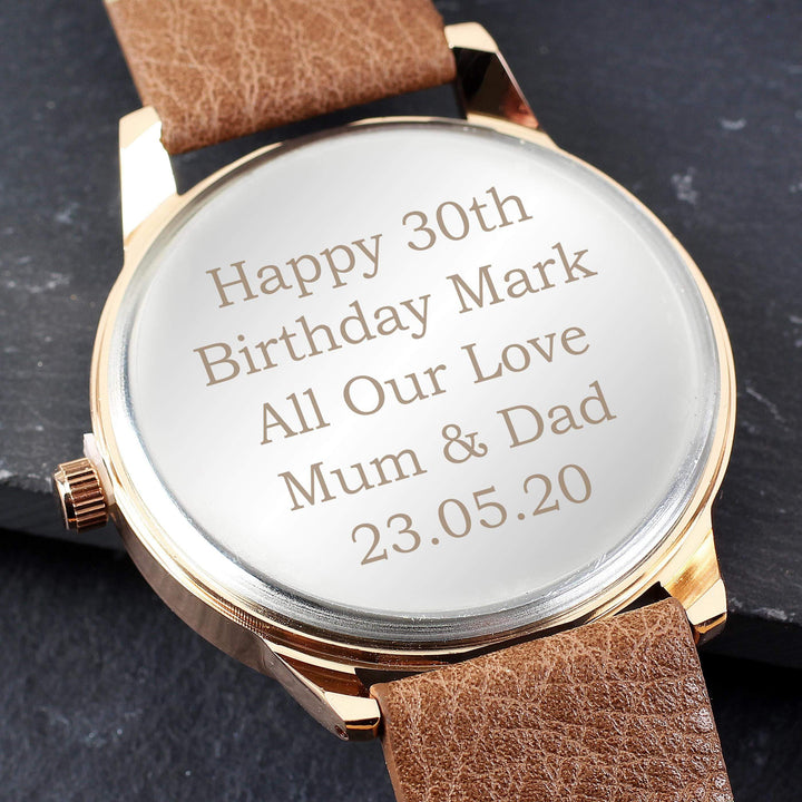 Personalised Memento Personalised Mens Rose Gold Tone Watch with Brown Strap and Presentation Box