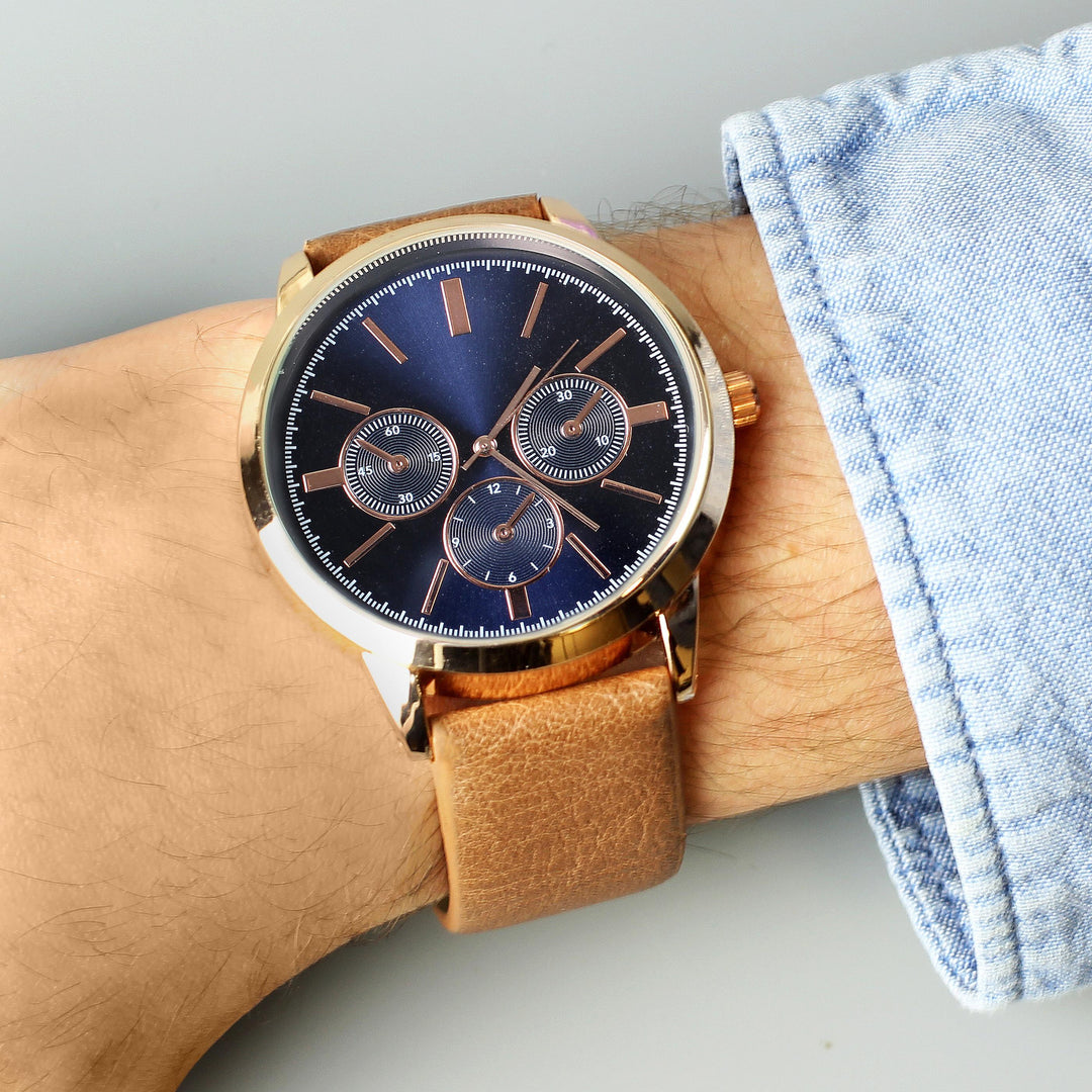 Personalised Memento Personalised Mens Rose Gold Tone Watch with Brown Strap and Presentation Box