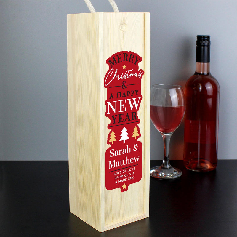 Personalised Memento Personalised Merry Christmas & A Happy New Year Wooden Wine Bottle Box