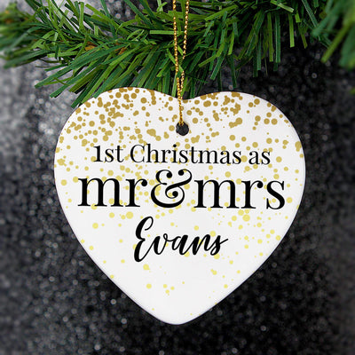 Personalised Memento Hanging Decorations & Signs Personalised Mr and Mrs 1st Christmas Ceramic Heart Decoration