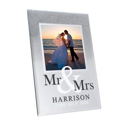 Personalised Memento Photo Frames, Albums and Guestbooks Personalised Mr & Mrs 4x4 Glitter Glass Photo Frame
