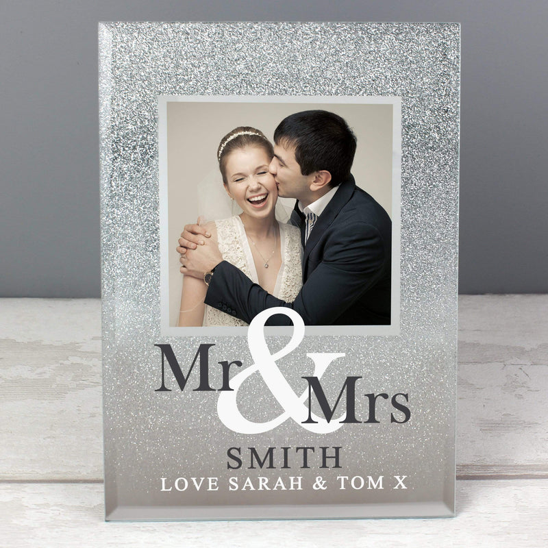 Personalised Memento Photo Frames, Albums and Guestbooks Personalised Mr & Mrs 4x4 Glitter Glass Photo Frame