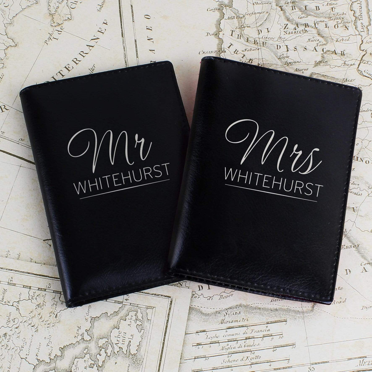 Personalised Memento Leather Personalised Mr & Mrs Black Passport Holders
