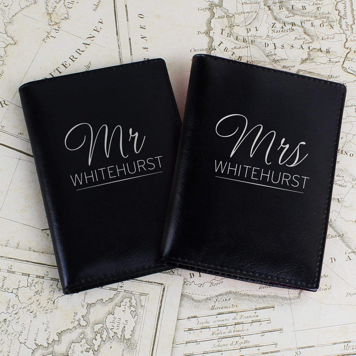 Personalised Memento Leather Personalised Mr &amp; Mrs Black Passport Holders