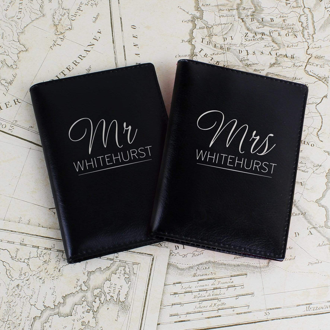 Personalised Memento Leather Personalised Mr &amp; Mrs Black Passport Holders