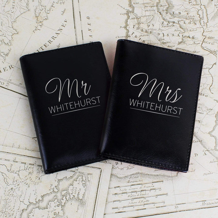 Personalised Memento Leather Personalised Mr &amp; Mrs Black Passport Holders