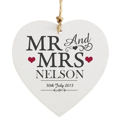 Personalised Memento Wooden Personalised Mr & Mrs Wooden Heart Decoration
