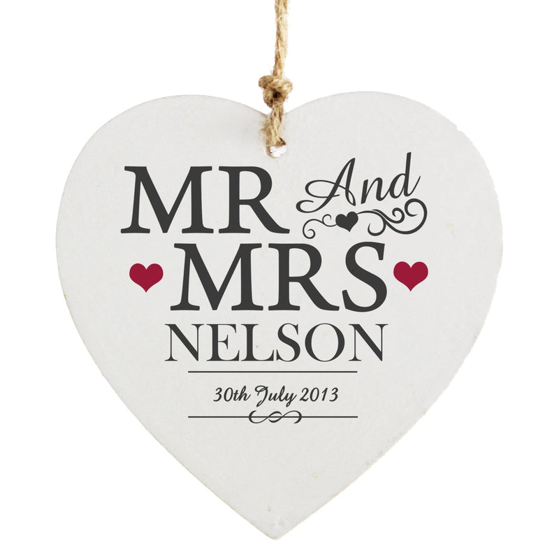 Personalised Memento Wooden Personalised Mr & Mrs Wooden Heart Decoration