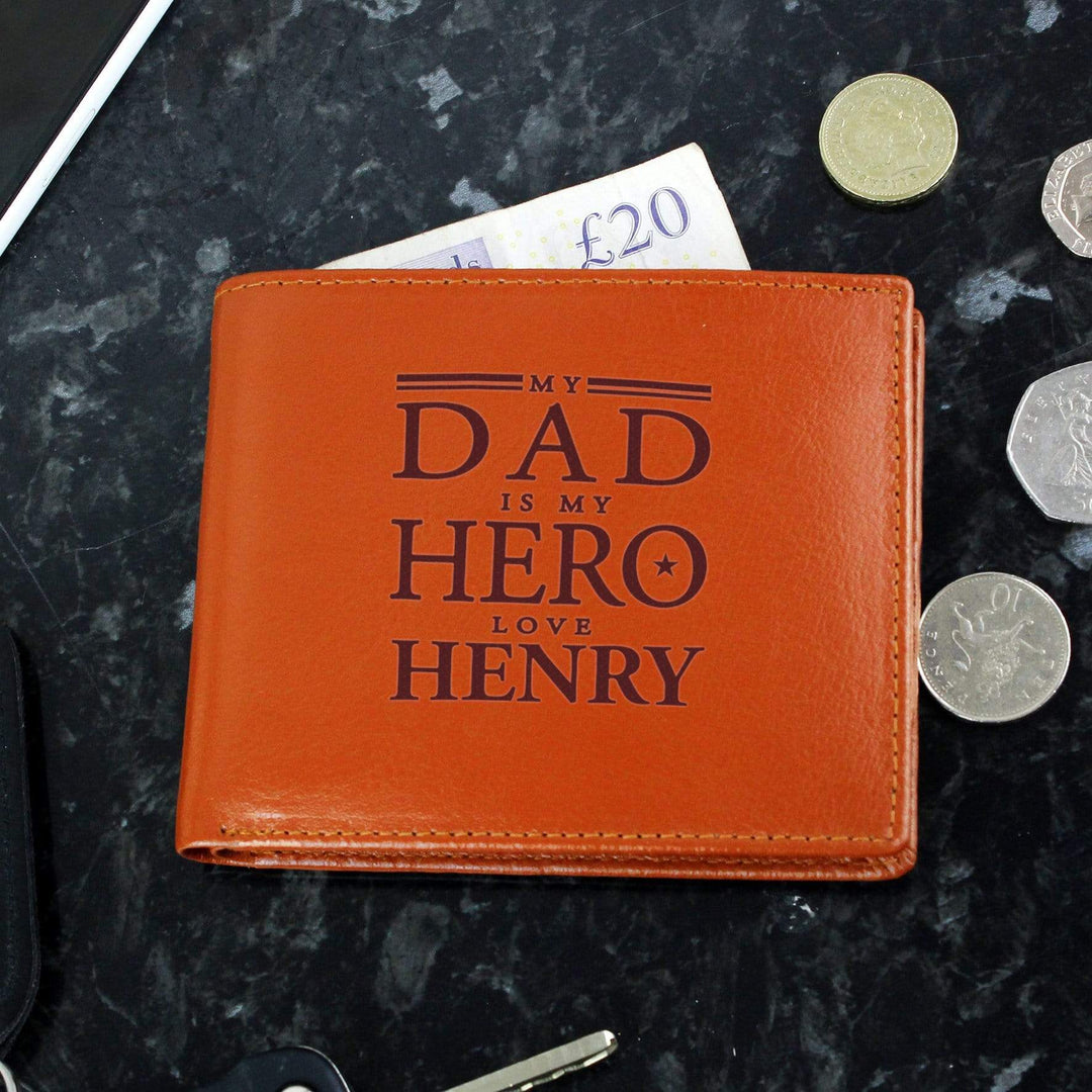 Personalised Memento Leather Personalised My Dad is My Hero Tan Leather Wallet