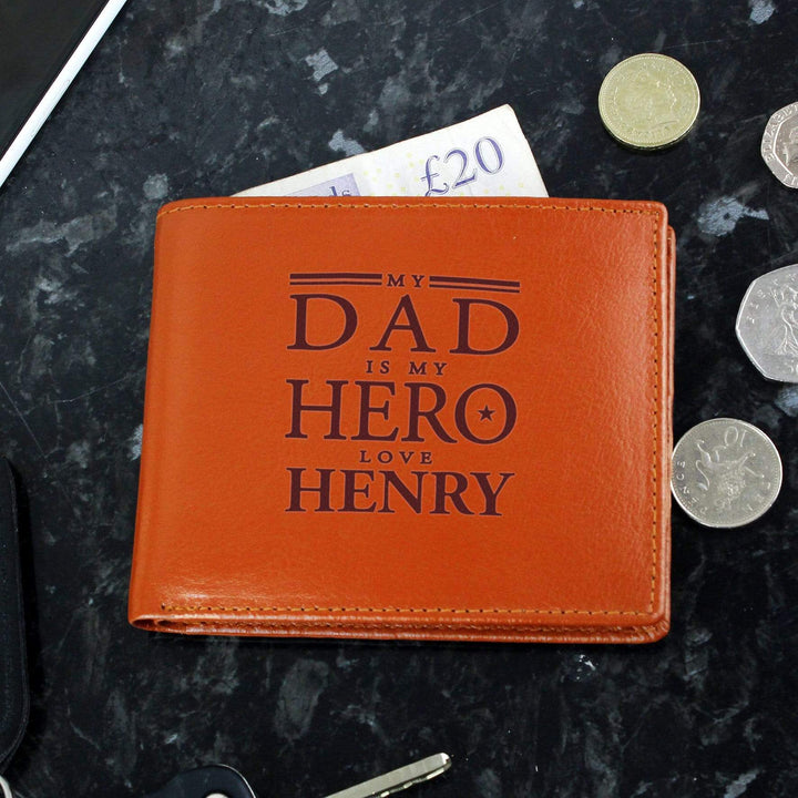 Personalised Memento Leather Personalised My Dad is My Hero Tan Leather Wallet
